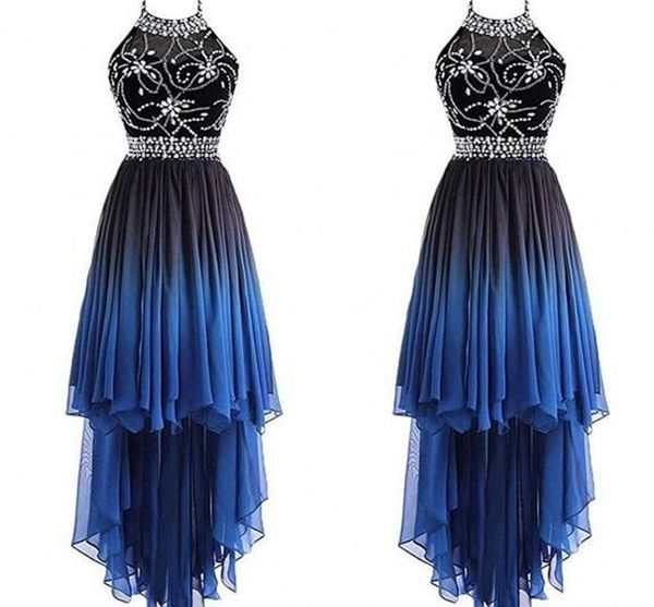 

gradient chiffon hi lo prom party dresses beading crystal draped halter open back formal evening gowns graduation dress pageant dresses, Black