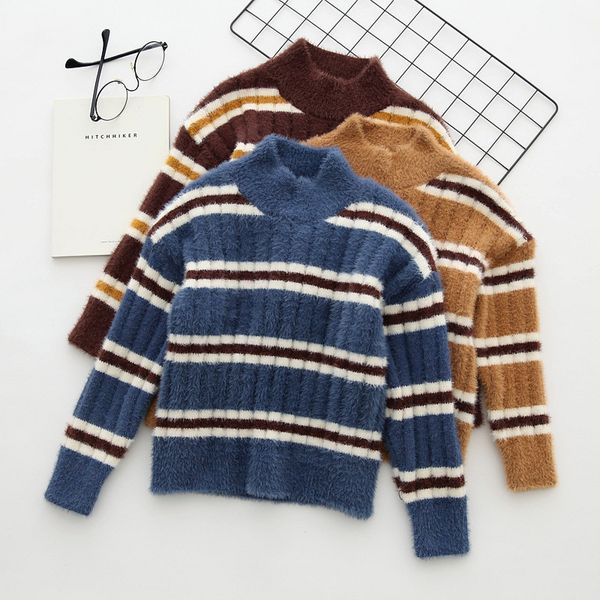 

children sweaters winter pullovers striped turtle-neck boys and girls knitted sweater casual fashion kids clothes, Blue