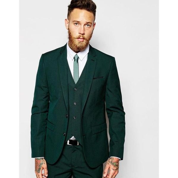 Dark Green Groom Tuxedos Notch Lapel Groomsman Wedding 3 Piece Suit Fashion Men Business Prom Party Jacket Blazer(Jacket+Pants+Tie+Vest)2263