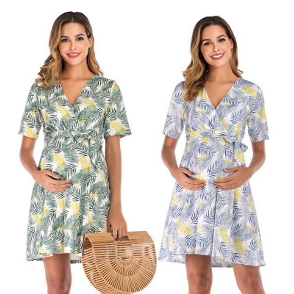 

summer maternity dresses for pregnant women 2020 short-sleeved v-neck floral printed chiffon ladies bohemian clothes plus size, White