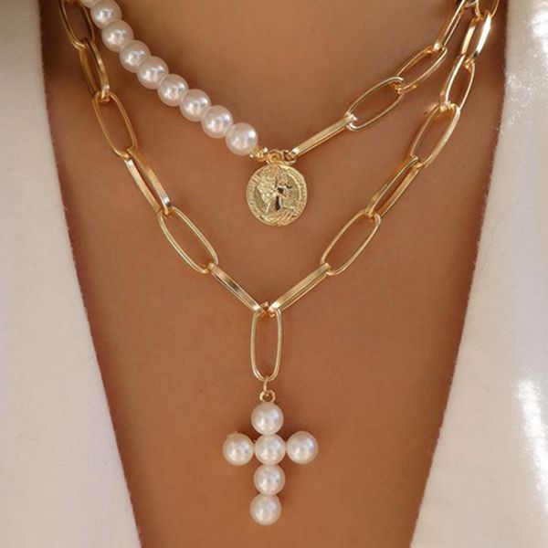 

fashion retro pearl cross cross letter necklace big seal seal inlaid pearl sweater chain women jewelry accessories, Silver