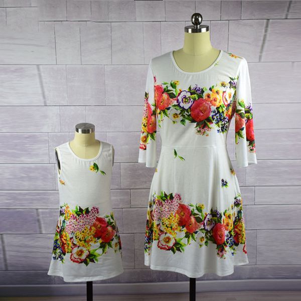 

casual floral print mother daughter dresses summer a-line knee-length dress family matching clothes mother & kids family look kh76, Blue
