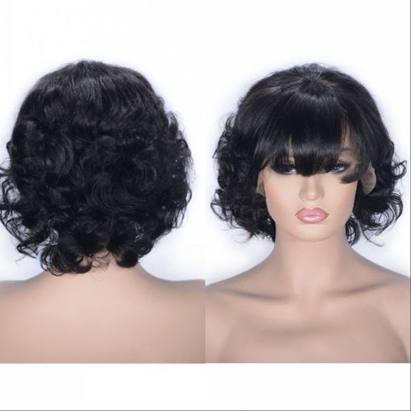 

curly human hair lace front wig short peruvian virgin hair bangs wig 130% density with bleached knots, Black;brown