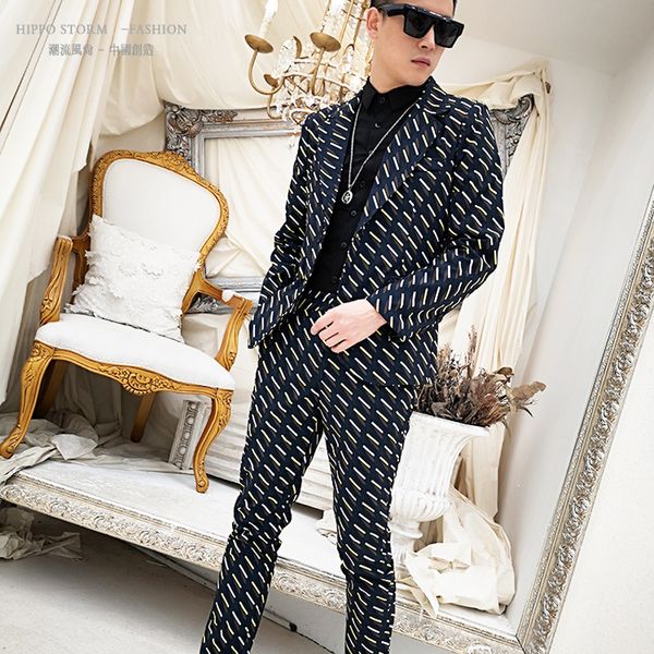 

men slim fit suits sets 2pcs (jacket+pant) male fashion print blazer jacket suit coat stage show singer dj costumes customized, White;black