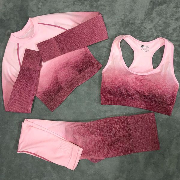 

3pcs yoga set ombre seamless leggings sports bra+long sleeve crop women running gym leggings high waist fitness sports suit, White;red