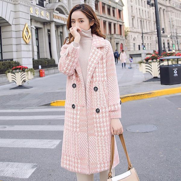 

women's wool & blends fashion plaid coat women autumn winter korean style medium long coats 2021 ladies turn-down collar warm pink oute, Black