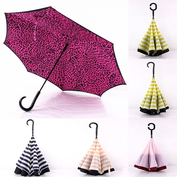 

leopard stripe inverted umbrellas with c handle double layer inside out windproof beach reverse folding sunny rainy umbrella gifts xd20256