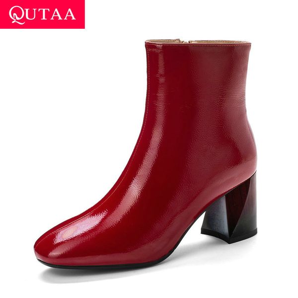 

qutaa 2020 retro square toe zipper autumn winter ankle boots square high heel patent leather concise women shoes big size 34-43, Black
