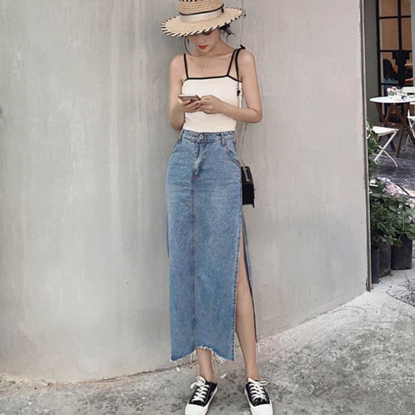 

split long denim skirts women button pockets jeans skirts summer korean vintage midi wrap skirt casual 2020 plus size, Black