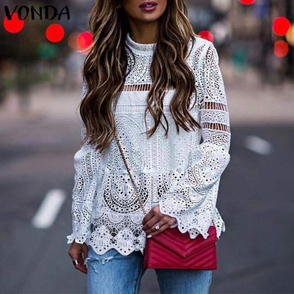 

vonda 2019 casual lace women tunic hollow blouse long sleeve irregular hem patry blusas beach ladies shirt, White