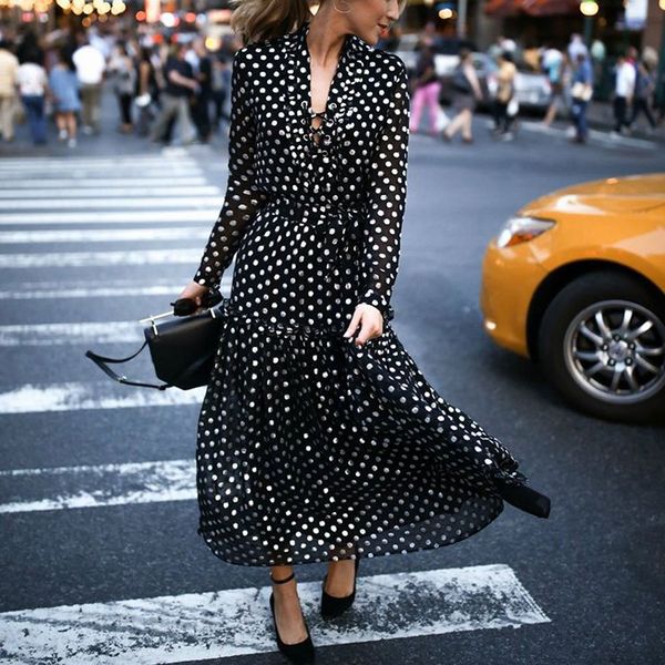 

fashion women polka dot printed dress deep v-neck long sleeve lace-up maxi dress print summer beach dresses, Black;gray