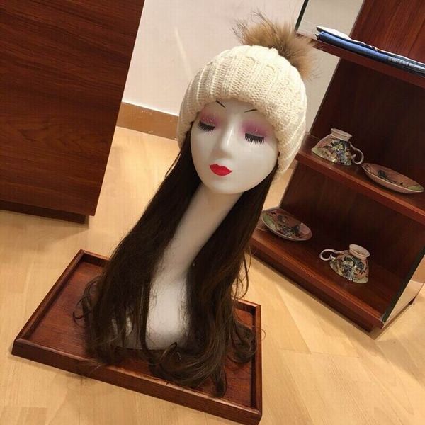 

2019 fashion knitting cotton hats women men soft winter warm beige hats with brown hair ball with box, Blue;gray