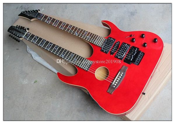 

double neck 12+6 strings red body electric guitar and acoustic guitar with black hardware,body binding,can be customized
