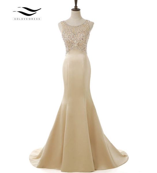 

solovedress 2019 elegant scoop matte satin real p shiny beads mermaid long evening dress u back formal gold gown sld-e5005, White;black