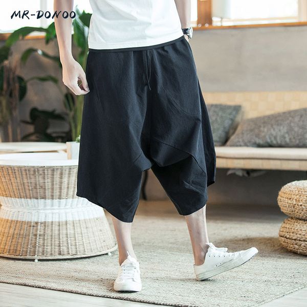 

mrdonoo men pants men's wide crotch harem pants loose large cropped trousers wide-legged bloomers chinese style flaxen baggy, Black