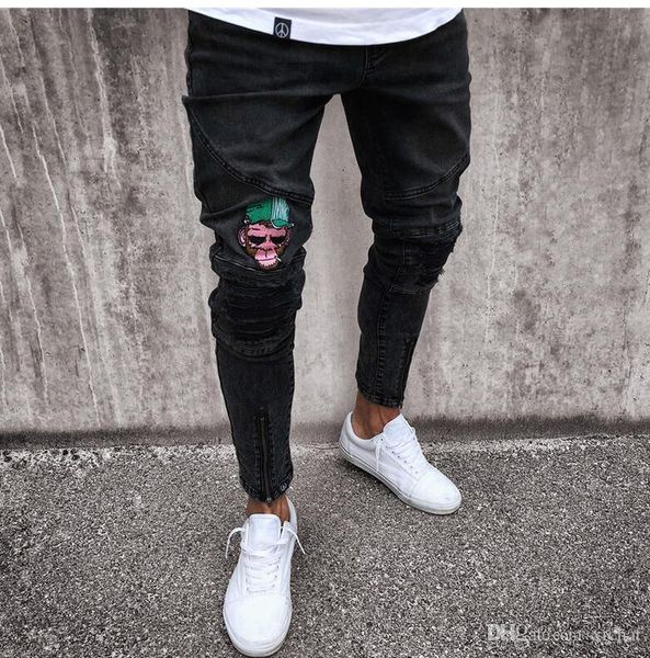 

2019 men stylish ripped denim pants biker skinny slim straight frayed denim trousers new fashion skinny jeans trousers, Blue