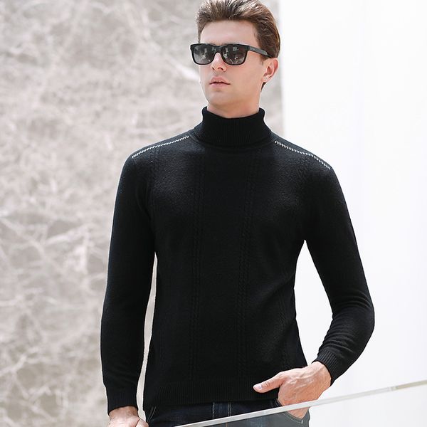 

new arrival fashion 100% pure wool men high collar thick sweater autumn winter striped jacquard bottoming knitted size smlxlxxl, White;black