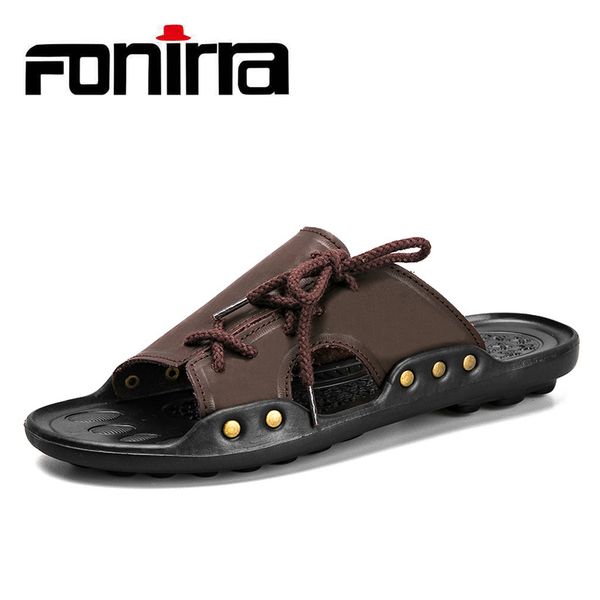 

fonirra 2019 new men slippers men flip flops pu leather slippers lightweight h men's casual shoes male's comfort sandals 504, Blue;gray