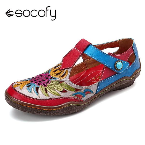 

socofy soft genuine leather sandals splicing retro hollow flowers hook loop comfortable sandals summer shoes printed leather new, Black