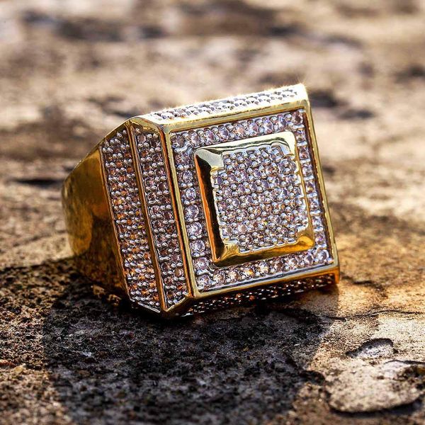 

european and american big size mens hip hop rings jewlry 18k gold plated copper square cluster rings luxury glaring zircon rings, Golden;silver