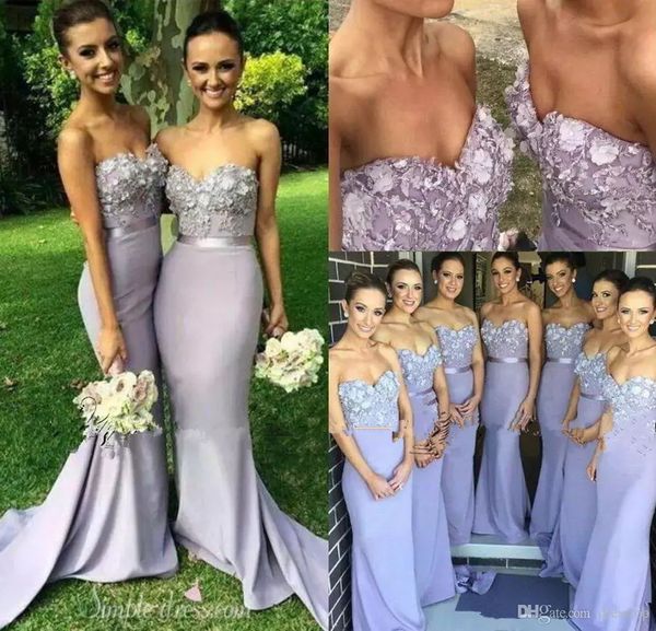 Lavender Bridesmaid платья Милая шея цветочные аппликаторы русалка выпускные платья промежутки заверенные поезд длинное вечернее платье с створкой