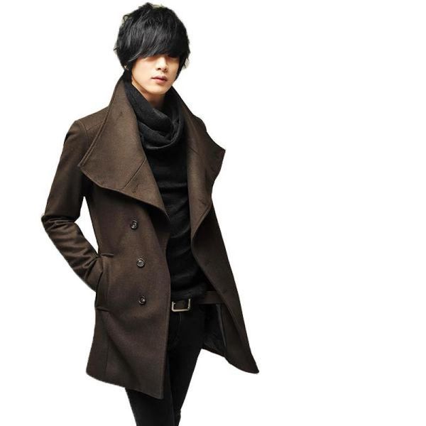 

plain color single breasted autumn wool peacoat streetwear fashion oat long sleeve coat men winter blend tweed jacket xxl, Black