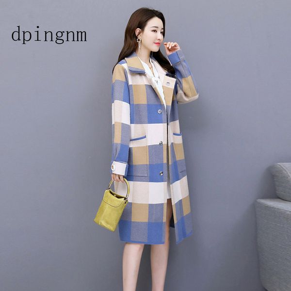 

winter fashion women plaid wool blends coat casual cotton check thick cardigan female cashmere overcoat plus size, Black