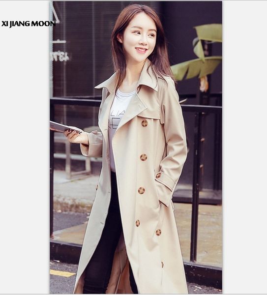 

2019 spring new brand women trench coat long windbreaker europe america fashion trend double-breasted slim long trench r37, Tan;black