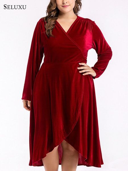 

seluxu 2019 fall autumn plus size women dress solid color wine red dress v-neck long sleeve large size women, Black;gray