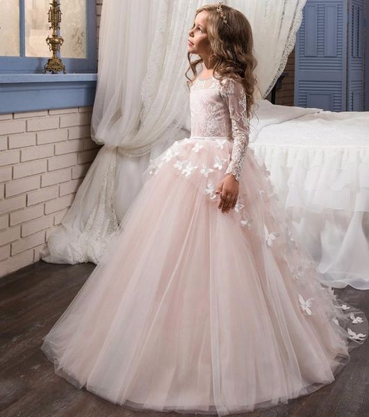 

little gir pageant dresses jewel neck long sleeve lace ball gown kids tulle flower girls dress gown first communion dr