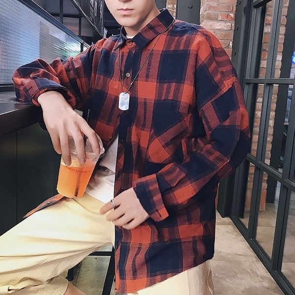 

2018 men's casual fashion trend lapel plaid coats cotton clothes long sleeves loose homme youth red/green/brown shirts, White;black