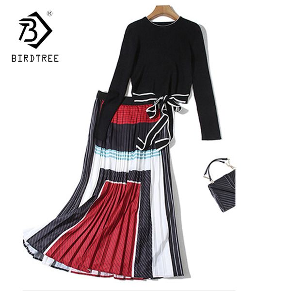 

women 2-piece clothing knitted sweater dress o-neck pleated skirt casual fashion set spring and autumn s9n302q, White