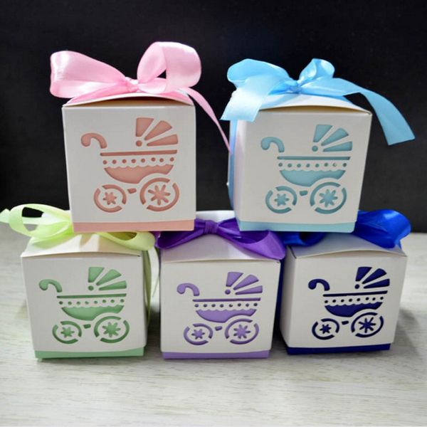 

10 pcs baby shower sky blue pink baby carriage candy box gift box package wedding party birthday favor candy bags with ribbon