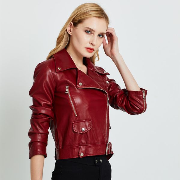 

new autumn women pu leather jacket woman zipper belt short coat female black punk bomber faux leather outwear women clothes 2019