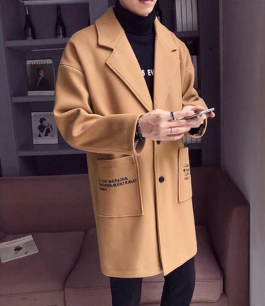 

2018 new windbreaker men's fashion fall winter korean edition long overcoat loose and comfortable england wool overcoat, Tan;black