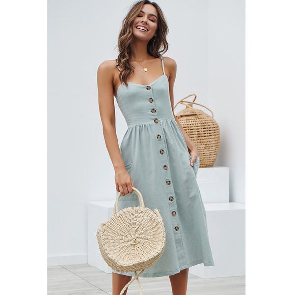 

Women Spaghetti Strap a Line Party Dress Ladies Sleeveless Strapless Summer Beach Dress Button Women Pocket Fashion Dress