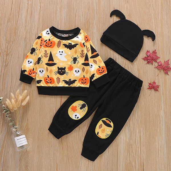 

halloween baby kids long sleeve cartoon printed +pants+hat clothes set suit children's suit high quality, White