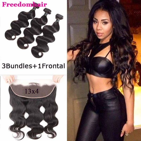 

бразильские тела волновые волос соткать связки с 13x4 кружева лобные закрытие бразильские virgin ткет волос 3 связки с уха до уха кружева фр, Black