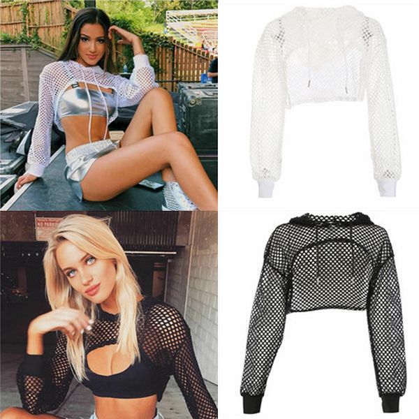 

sexy женщины лето с длинным рукавом толстовка сеточка выдалбливает crop tops одежда, White