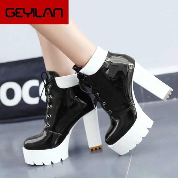 

2019 new fashion boots women patent leather square high heel ankle boots platform lacing autumn winter female shoes, Black
