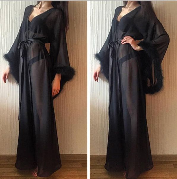 Sexy Illusion Noir Robes De Mariée Robe Pour Femmes V Cou En Mousseline De Soie De Fourrure À Manches Longues Nuptiale De Nuit Chemise De Nuit Peignoirs En Stock