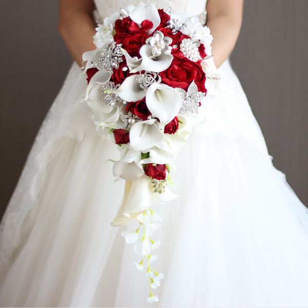 

cascading bridal bouquets wedding flowers with artificial pearls and rhinestone white calla lilies red rose de mariage decoration dropshippi