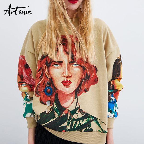 

artsnie streetwear характера печать женщина толстовка весны 2019 о шее длинного рукав пуловер вязаных негабаритный балахон толстовка, Black