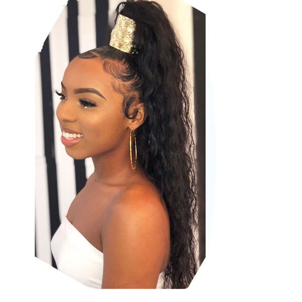 

women long kinky curly wavy wrap around ponytail extension piece clip in hair extensions 20" human hair, Black
