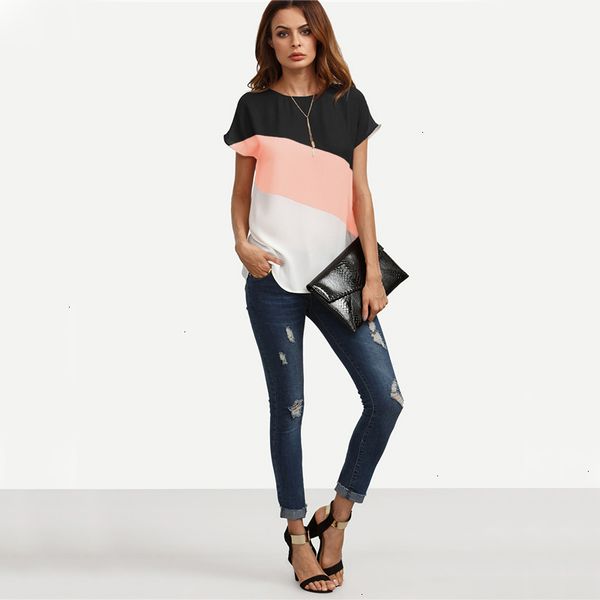 

women womens blouses cut and sew patchwork workwear color block casual blouse multicolor short sleeve women summer blouse, White