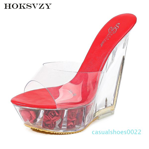 

hoksvzy super high heel cool slipper transparent special-shaped crystal slipper waterproof platform 15cm wedges women sandal c22, Black