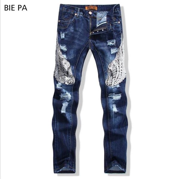 

brand men jeans blue ripped and eagle wings of embroidery movie stars same style men jeans 588