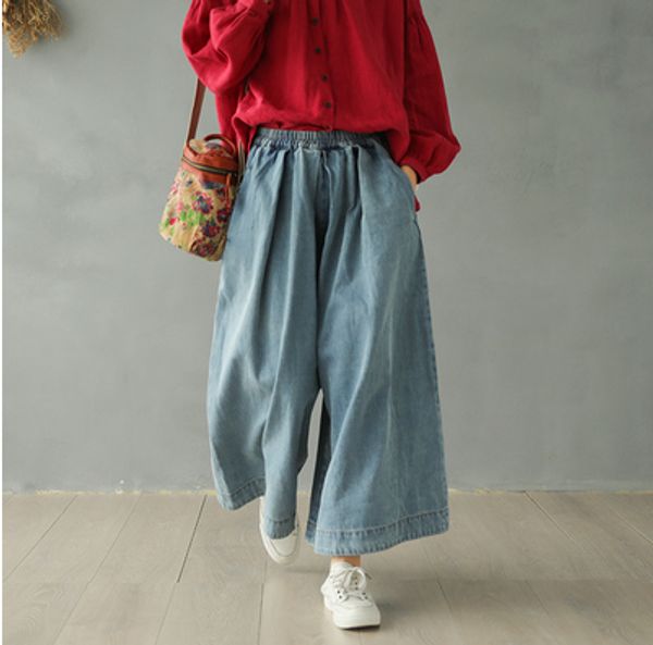 

spring jeans elastic waist loose women all-match denim pants 2020 new casual ladies pocket vintage trousers, Blue