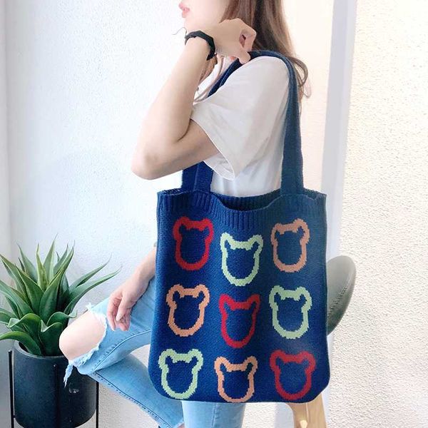 

2020 new shopping handbags student wool knitted tote washable bag for women foldable bears printing eco casual beach travel bags