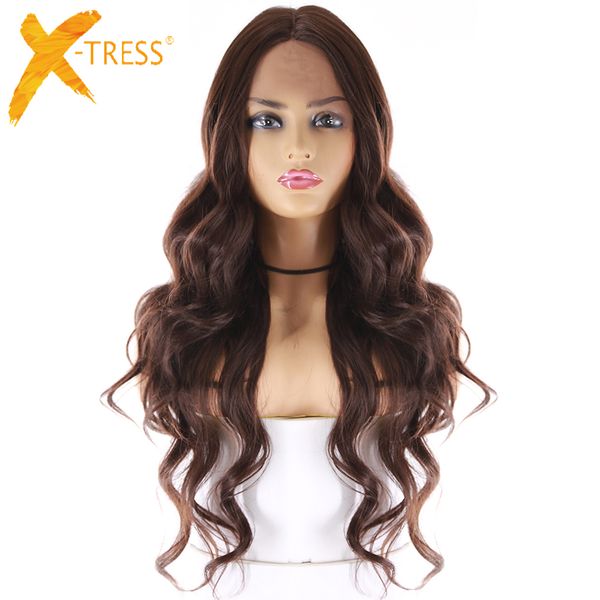 Medium Brown Synthetic Hair Lace Wigs For Women X Tress 23inch